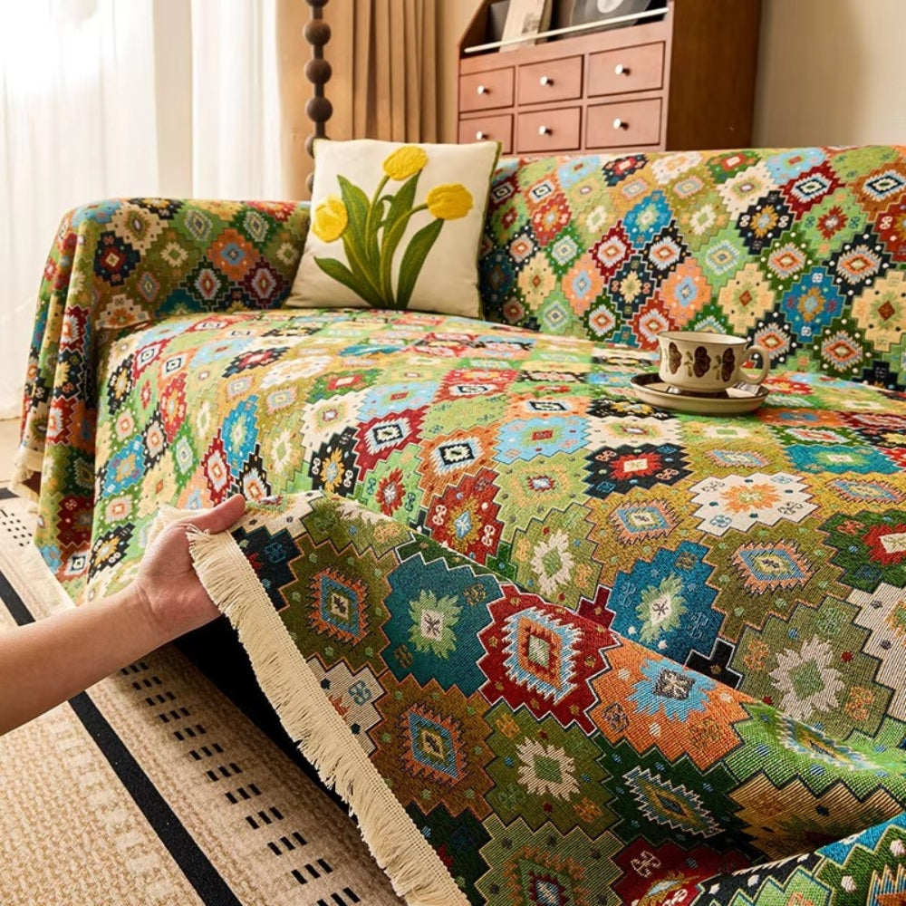 Zahara Sofa Cover - Soft Microfiber, Geometric Kilim Design 4