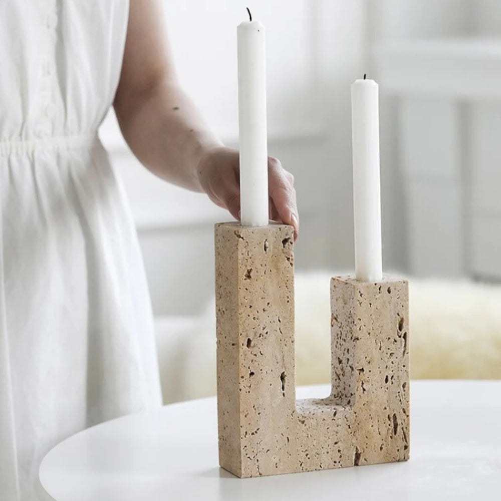 StoneForm – Dual Travertine Candle Holder Modern Sculptural Decor