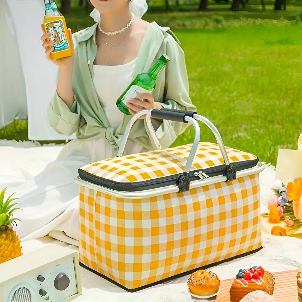 ChillCarry Basket - Insulated Picnic Basket - Checkered Style - Foldable Design