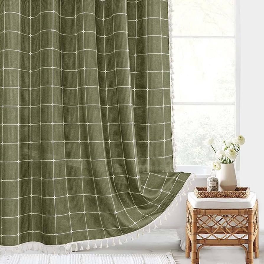 Lino Shower Curtain - Waterproof Linen with Tassels, Includes Curtain Hooks