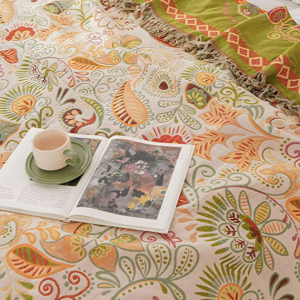 Aurelia Boho Blanket - Reversible Cotton Gauze, Floral Design 3