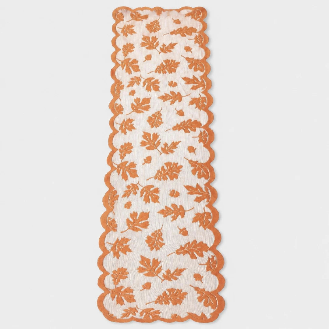Aurelia Fall Table Runner - Polyester Lace, Rust Red with Leaf Design 0