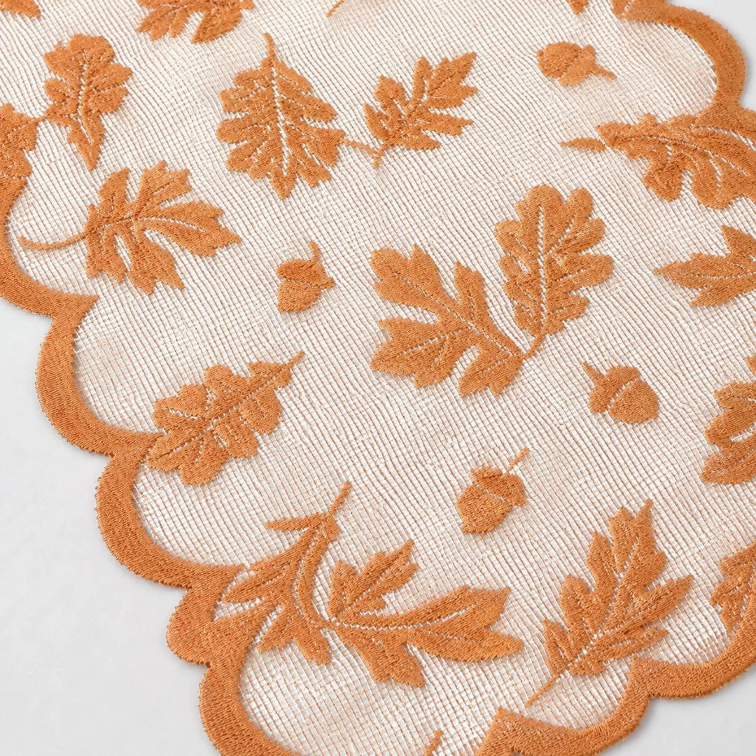 Aurelia Fall Table Runner - Polyester Lace, Rust Red with Leaf Design 1