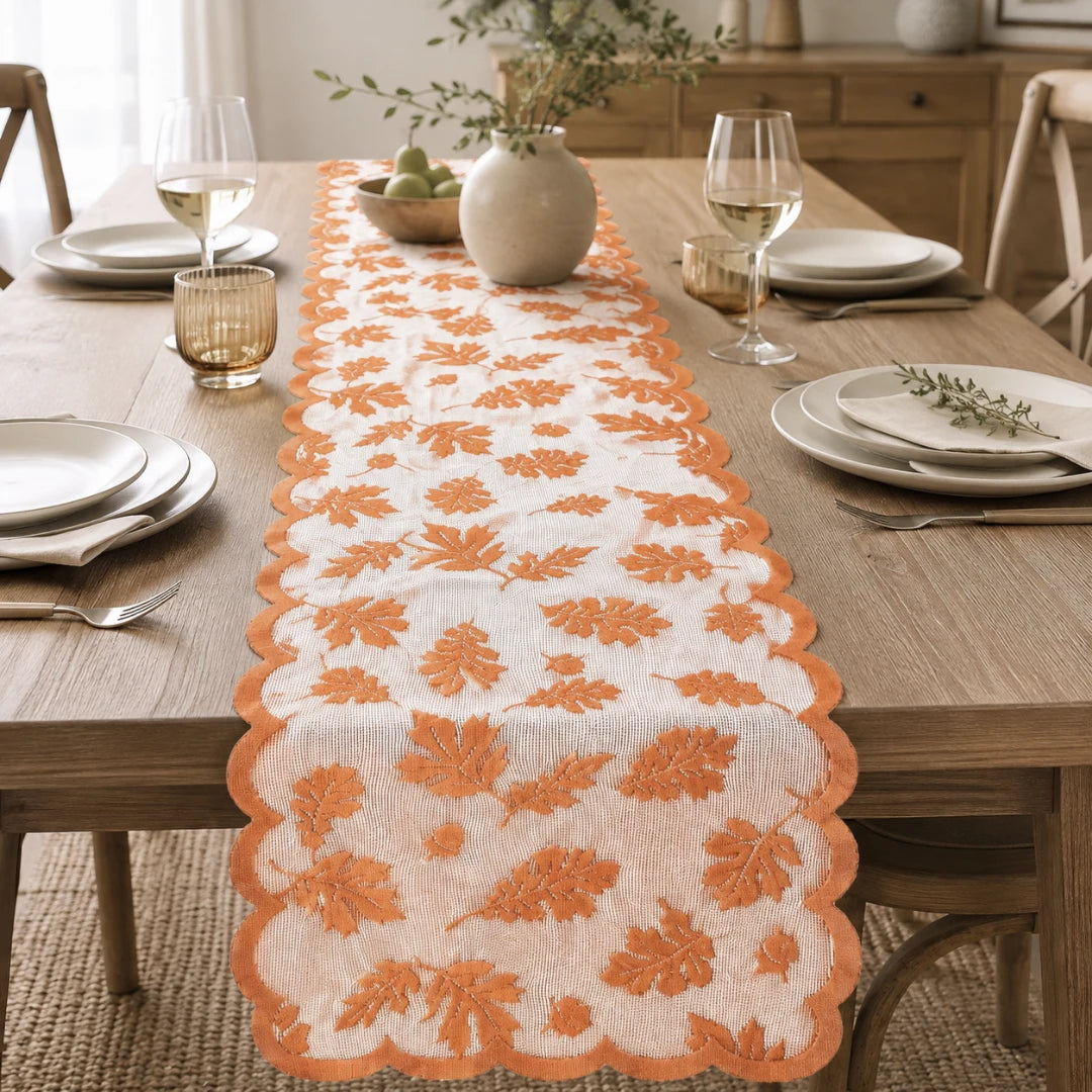 Aurelia Fall Table Runner - Polyester Lace, Rust Red with Leaf Design 2