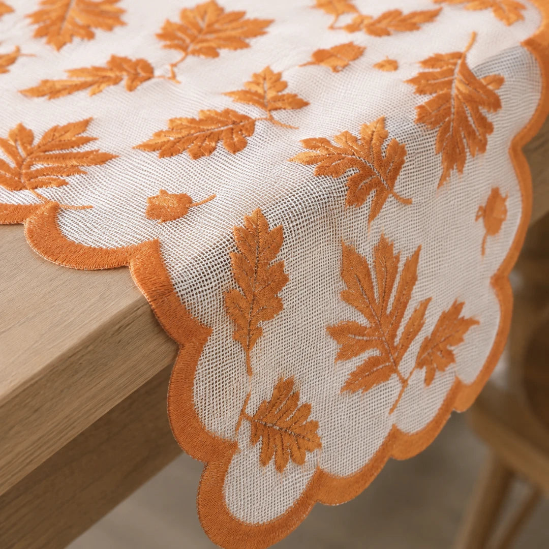 Aurelia Fall Table Runner - Polyester Lace, Rust Red with Leaf Design 3
