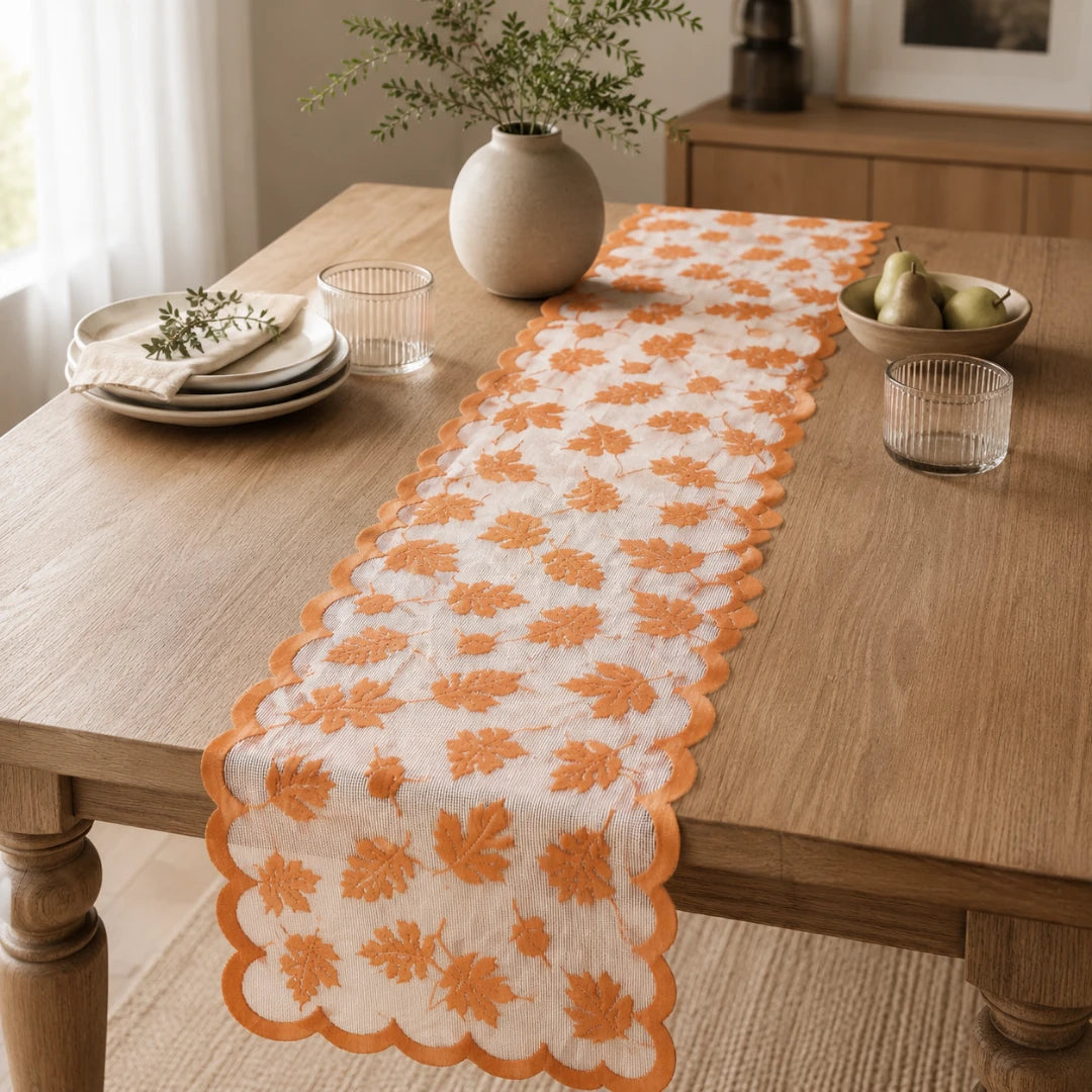 Aurelia Fall Table Runner - Polyester Lace, Rust Red with Leaf Design 5