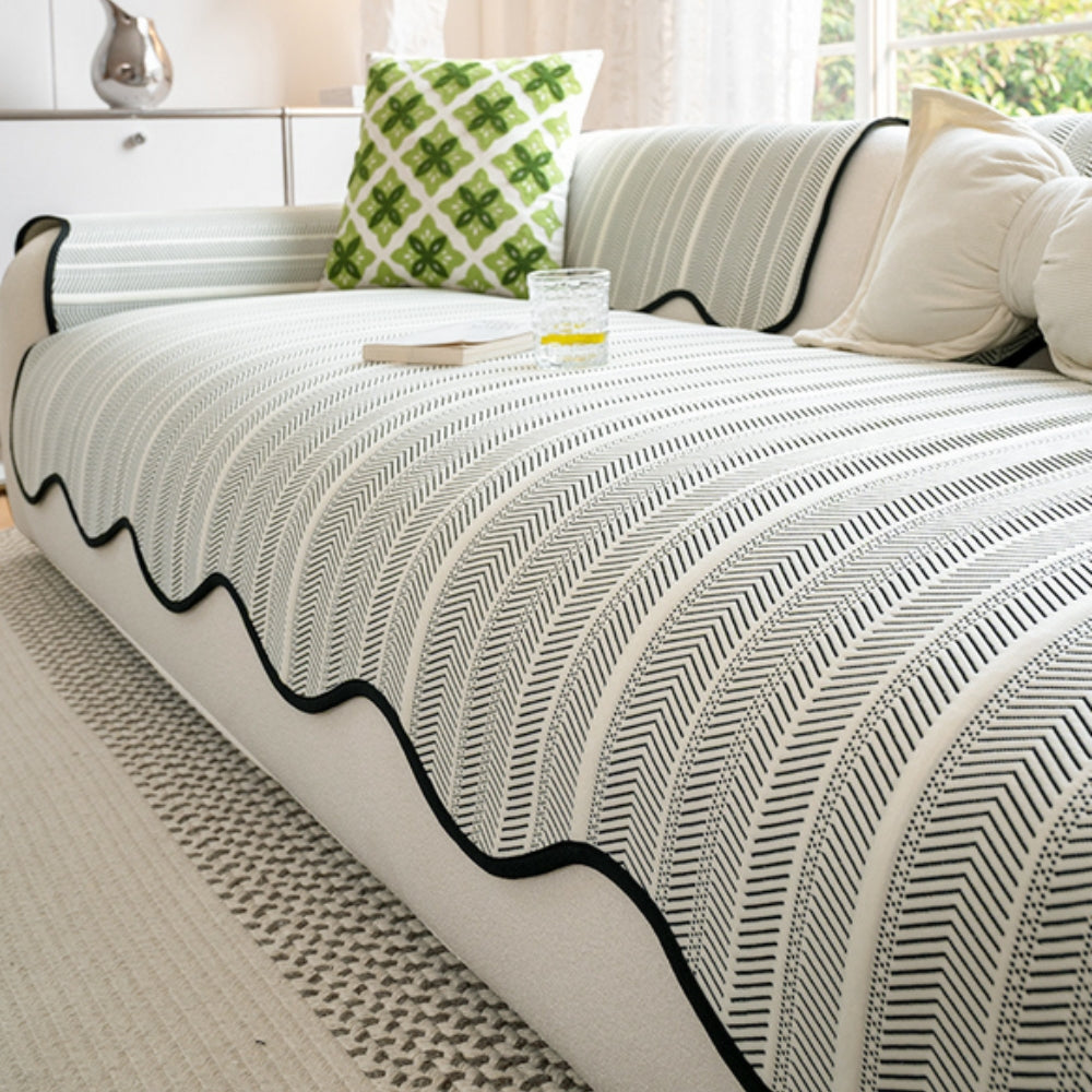 Aurelia Sofa Cover - Soft Microfiber, Herringbone Pattern, Scalloped Edge 2