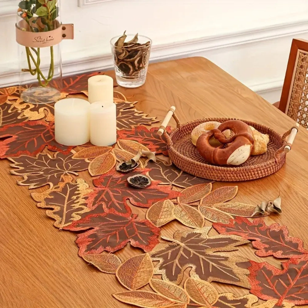 Aurelia Table Runner - Embroidered Autumn Leaves, Woven Microfiber 4