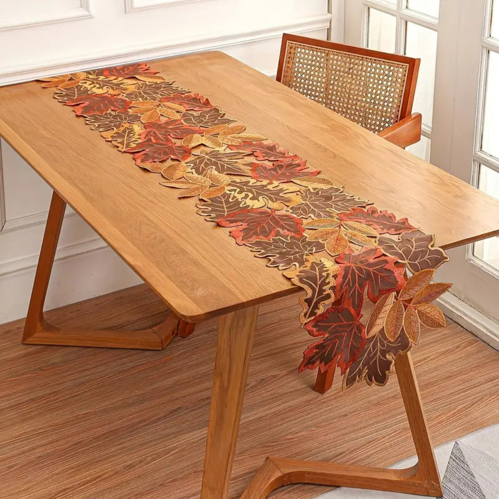 Aurelia Table Runner - Embroidered Autumn Leaves, Woven Microfiber 5