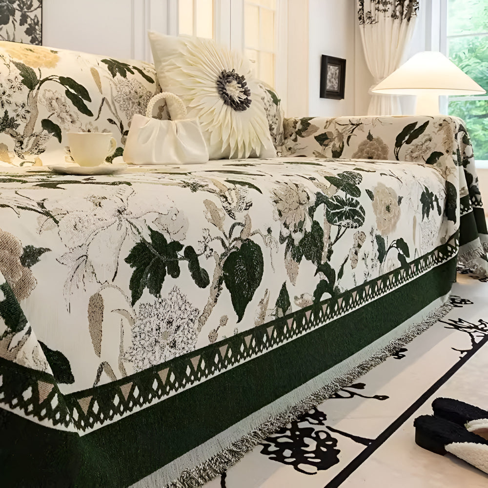 Aveline Sofa Cover - Chenille Jacquard, Floral Design, Reversible 9