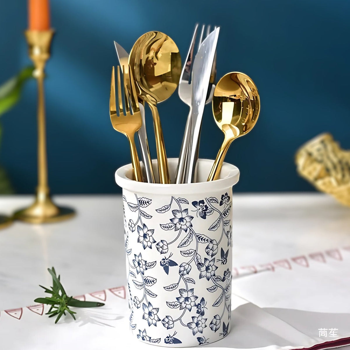 Blythe Utensil Holder Crock - Ceramic, Floral Design 0