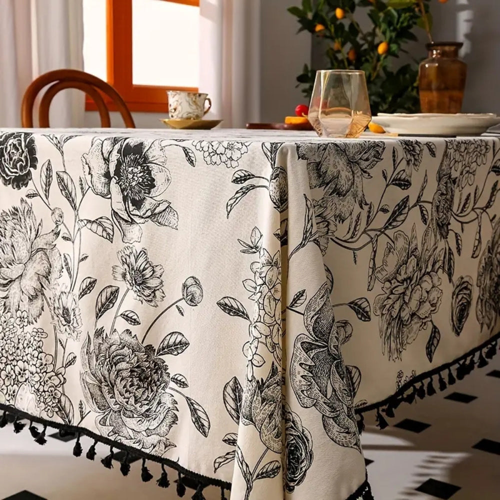 Brielle Custom Tablecloth - Cotton Polyester Blend, Floral Tassels 0