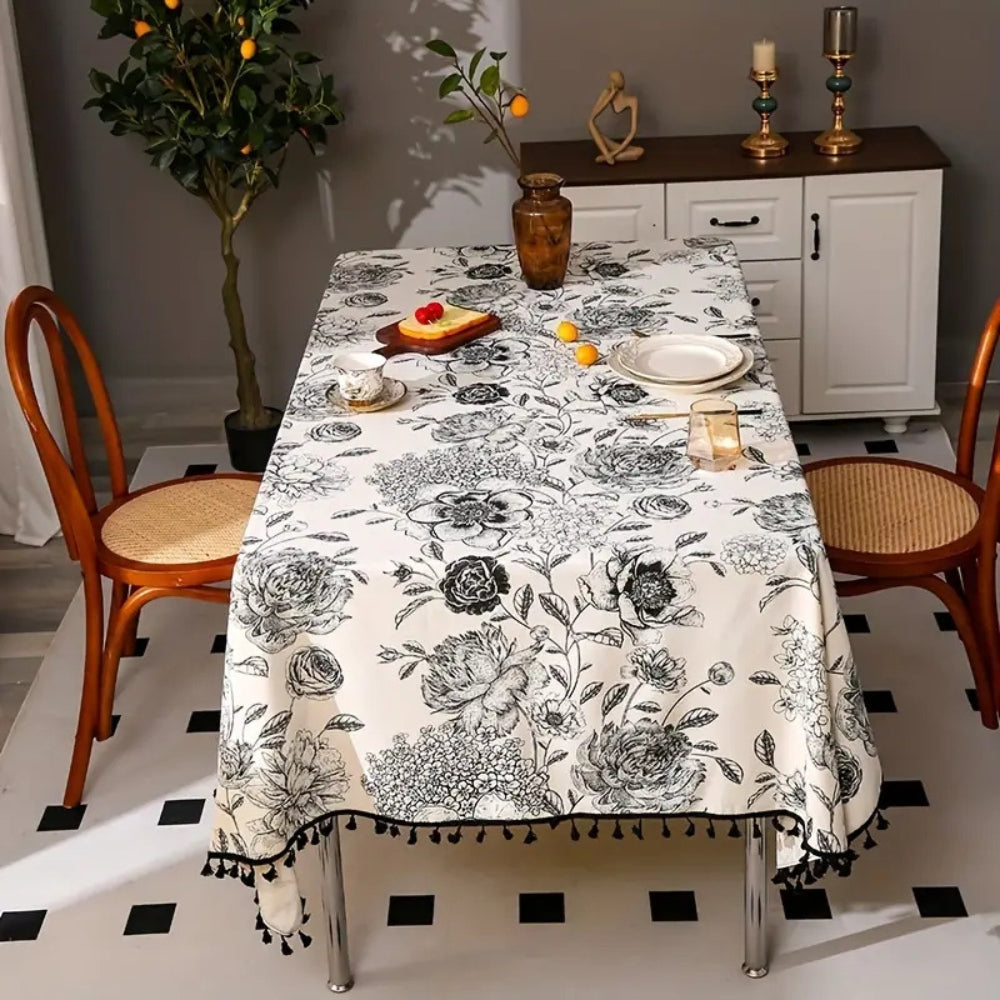 Brielle Custom Tablecloth - Cotton Polyester Blend, Floral Tassels 1