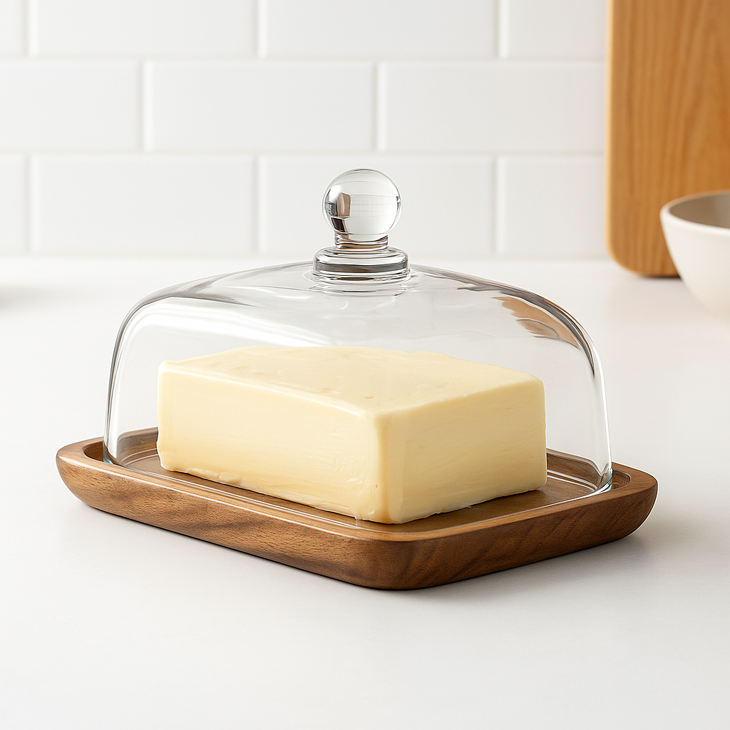 Bristle Butter Dish with Lid - Glass and Wooden Base, Elegant Design 0