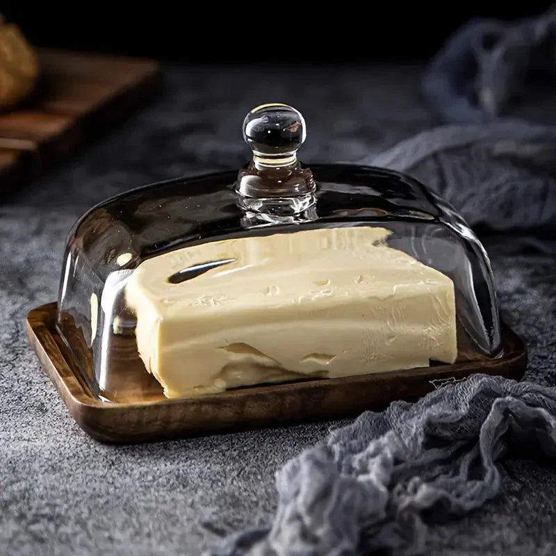 Bristle Butter Dish with Lid - Glass and Wooden Base, Elegant Design 1