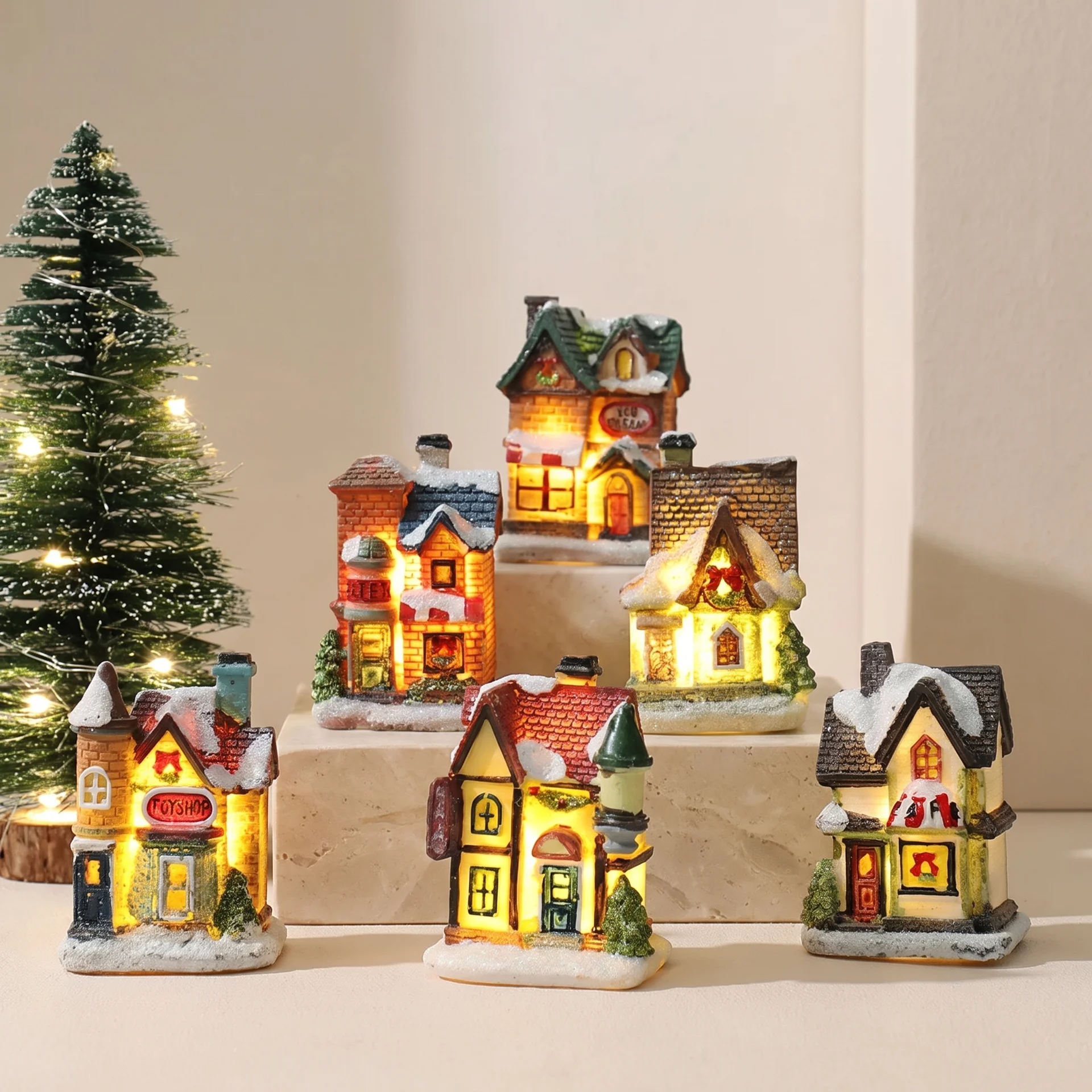 Caldara Christmas Village Set - Hand-Painted Houses with LED Lighting 0