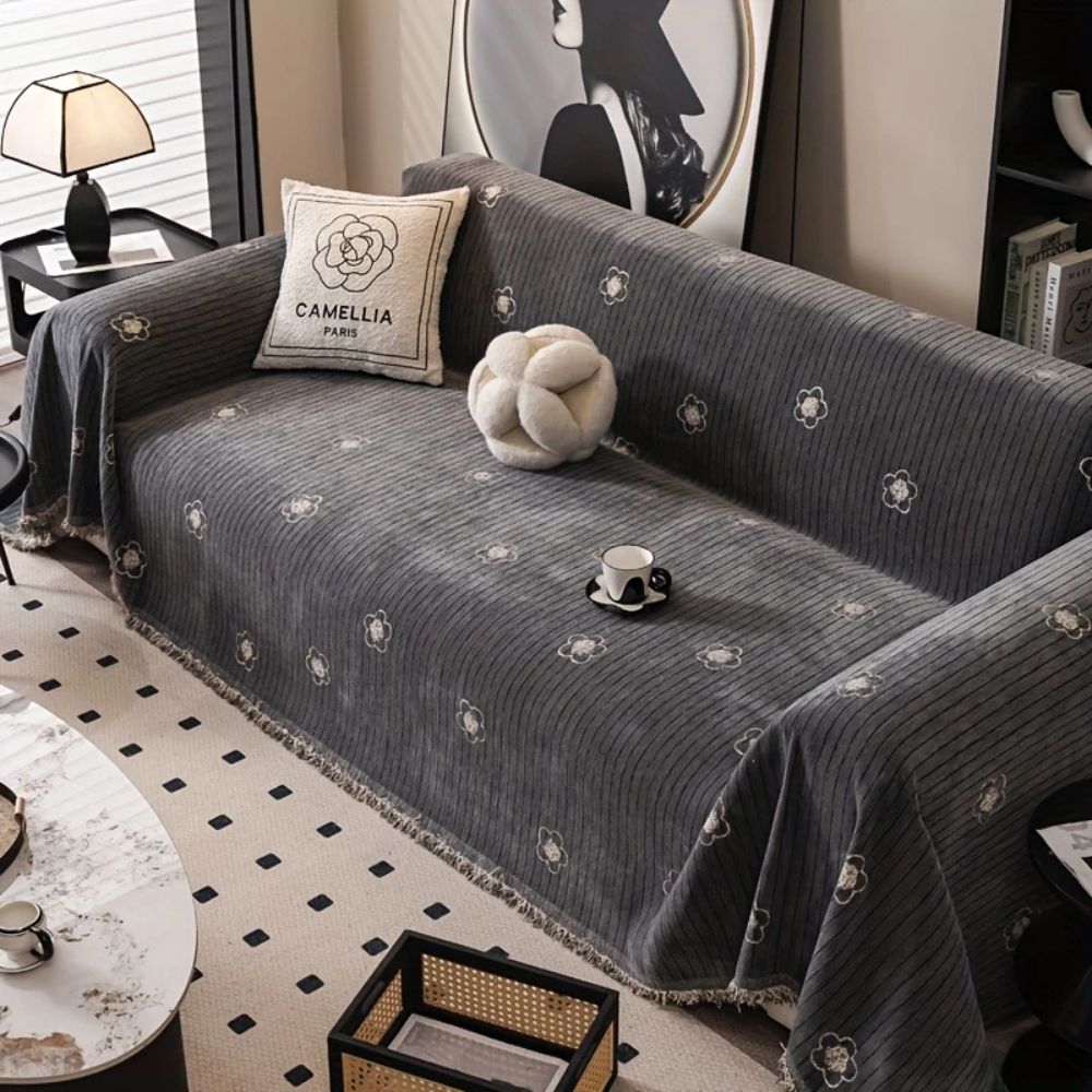 Cameron Sofa Cover - Breathable Chenille, Floral Embroidery 3