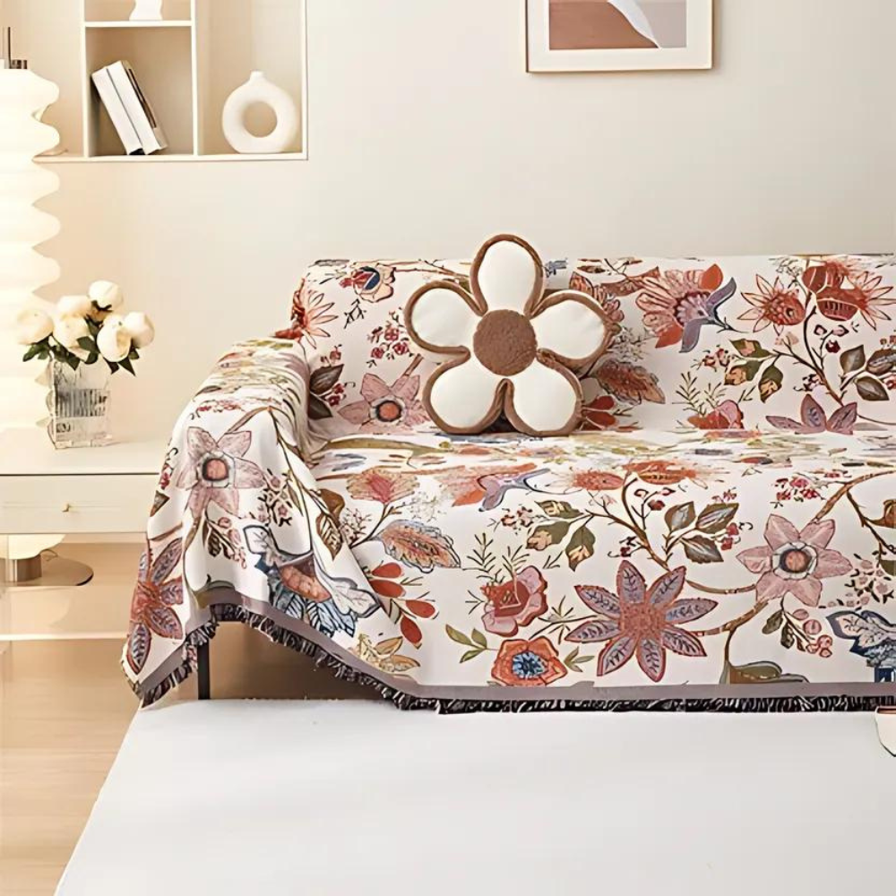 Carmen Floral Throw Blanket - Soft Polyester Cotton Blend, Rustic Tassels 0