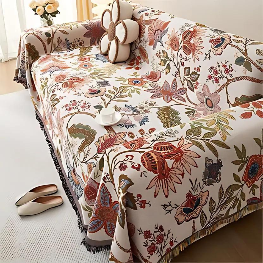 Carmen Floral Throw Blanket - Soft Polyester Cotton Blend, Rustic Tassels 1