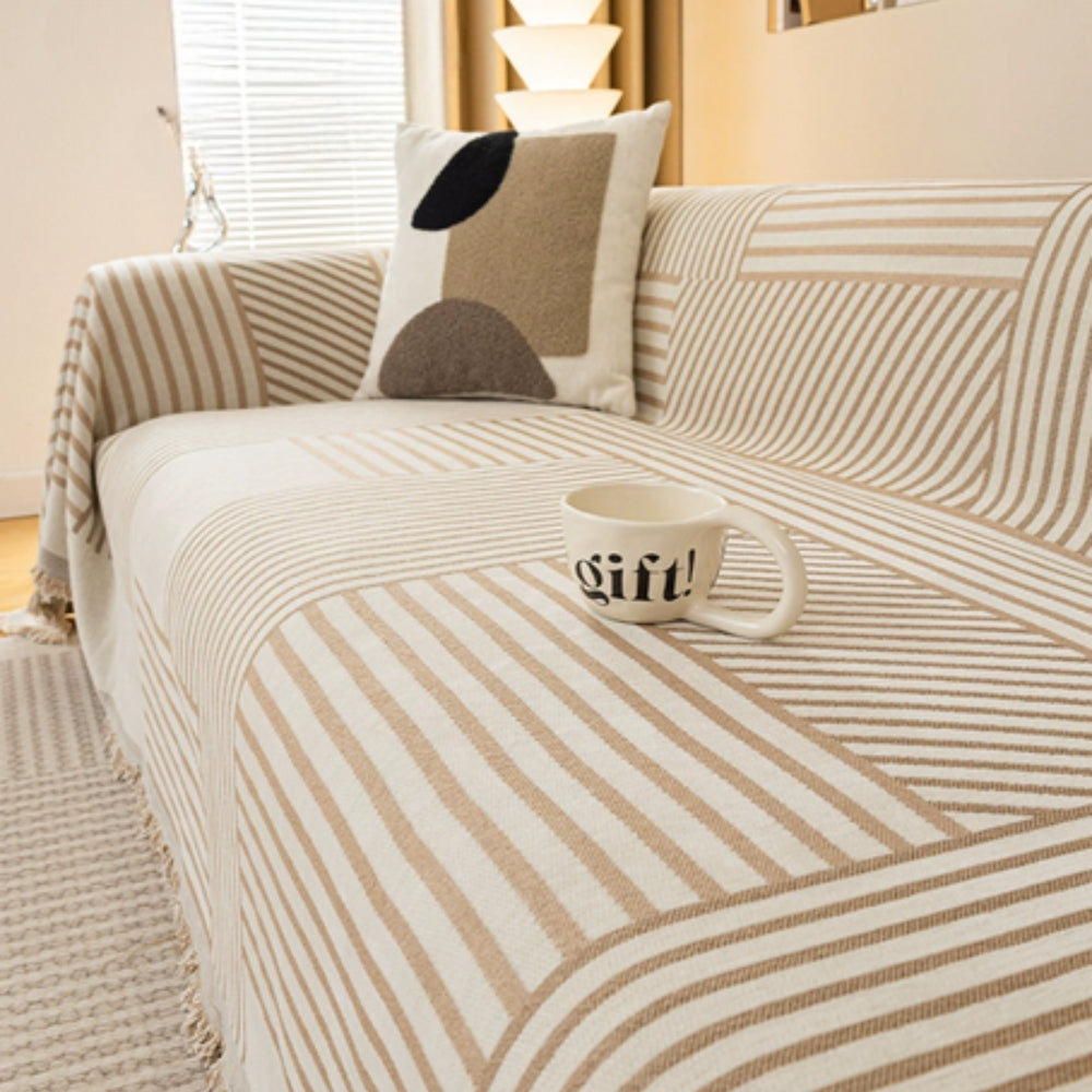 Chic Chenille Sofa Cover - Striped Design with Tassels, Non-Slip Fit for Sectional Couch 0