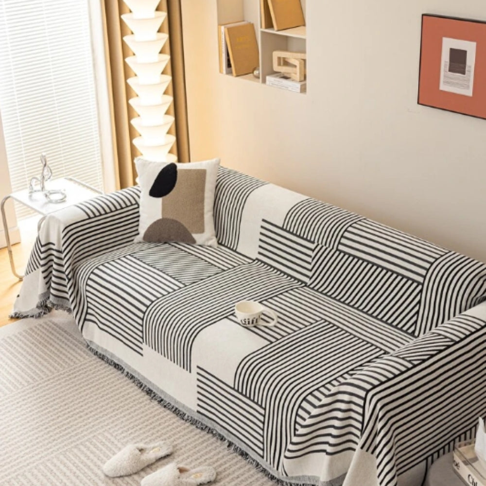 Chic Chenille Sofa Cover - Striped Design with Tassels, Non-Slip Fit for Sectional Couch 1