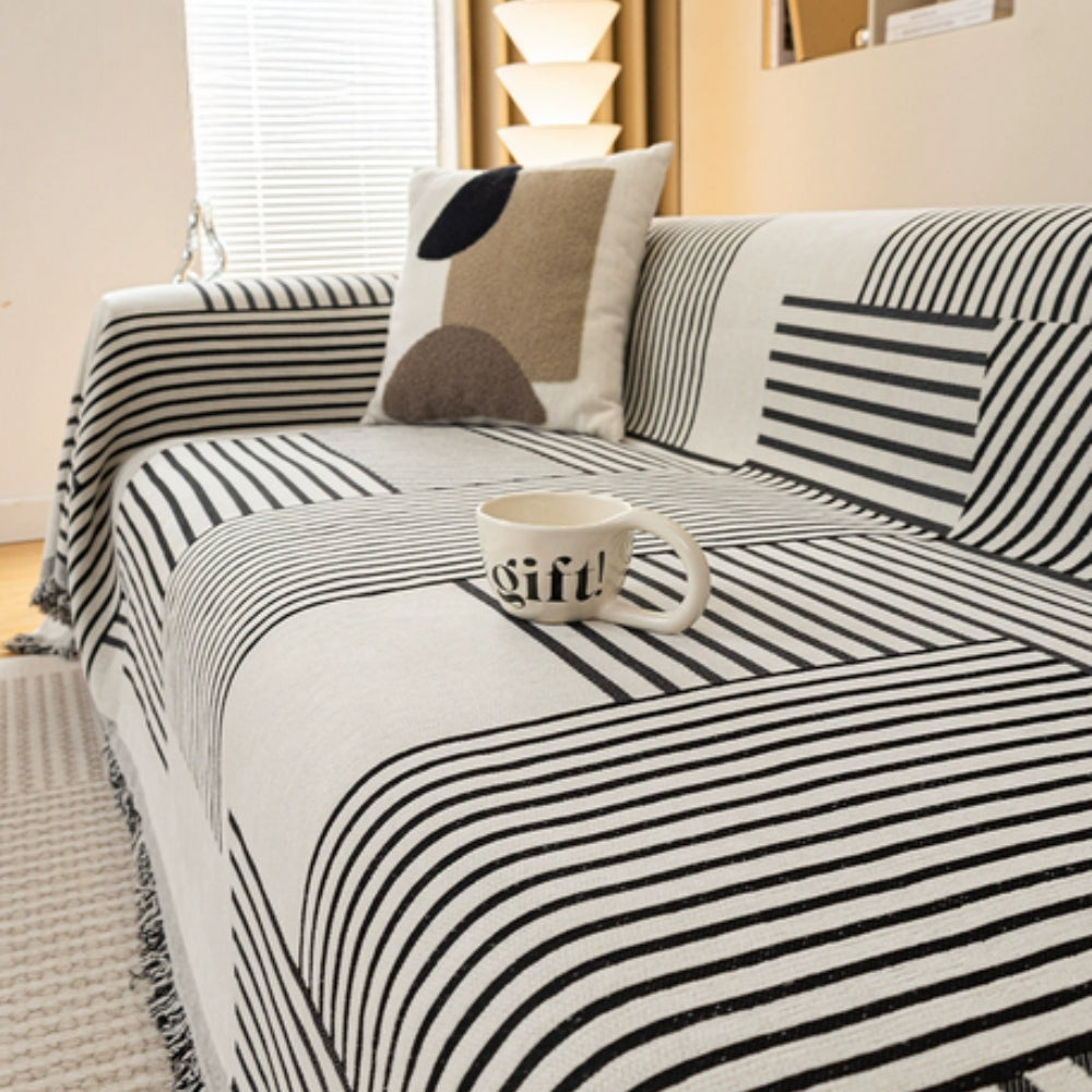 Chic Chenille Sofa Cover - Striped Design with Tassels, Non-Slip Fit for Sectional Couch 2