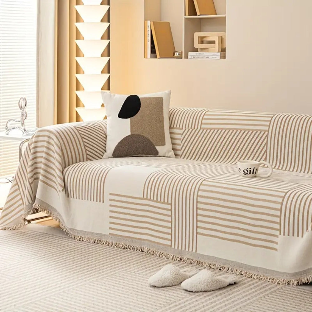 Chic Chenille Sofa Cover - Striped Design with Tassels, Non-Slip Fit for Sectional Couch 3