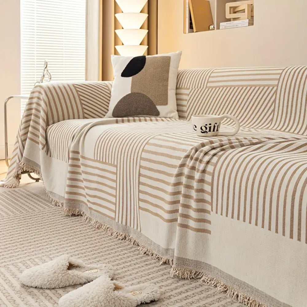 Chic Chenille Sofa Cover - Striped Design with Tassels, Non-Slip Fit for Sectional Couch 5