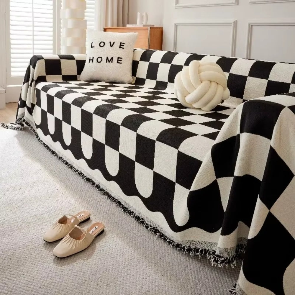 Chic Tasseled Sofa Cover - Cotton-Microfiber Blend, Checkered Design 0