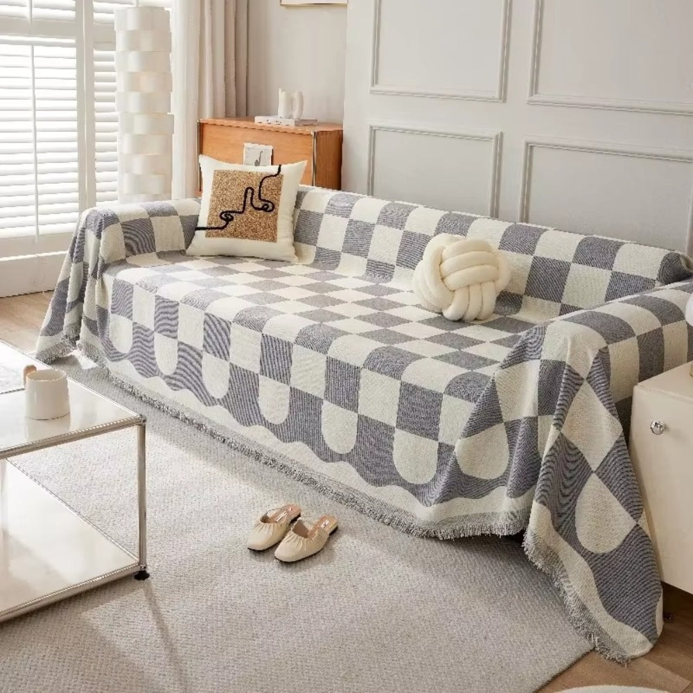 Chic Tasseled Sofa Cover - Cotton-Microfiber Blend, Checkered Design 2