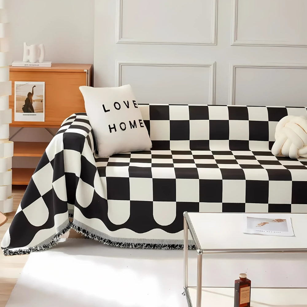Chic Tasseled Sofa Cover - Cotton-Microfiber Blend, Checkered Design 3