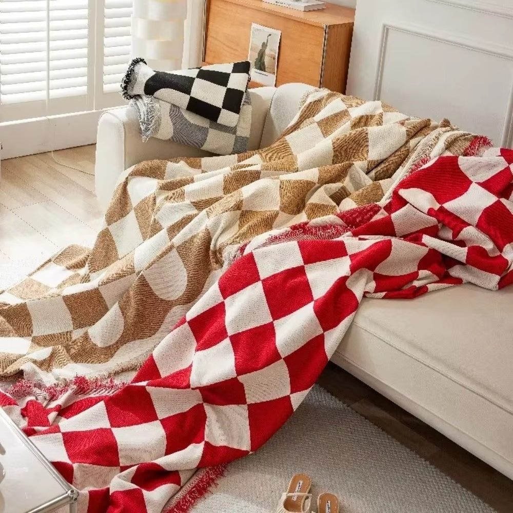 Chic Tasseled Sofa Cover - Cotton-Microfiber Blend, Checkered Design 4