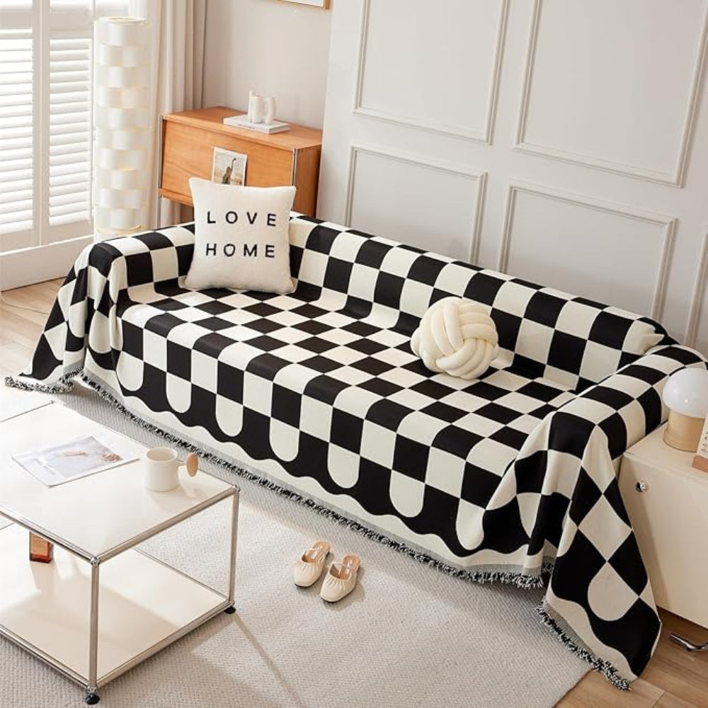 Chic Tasseled Sofa Cover - Cotton-Microfiber Blend, Checkered Design 7