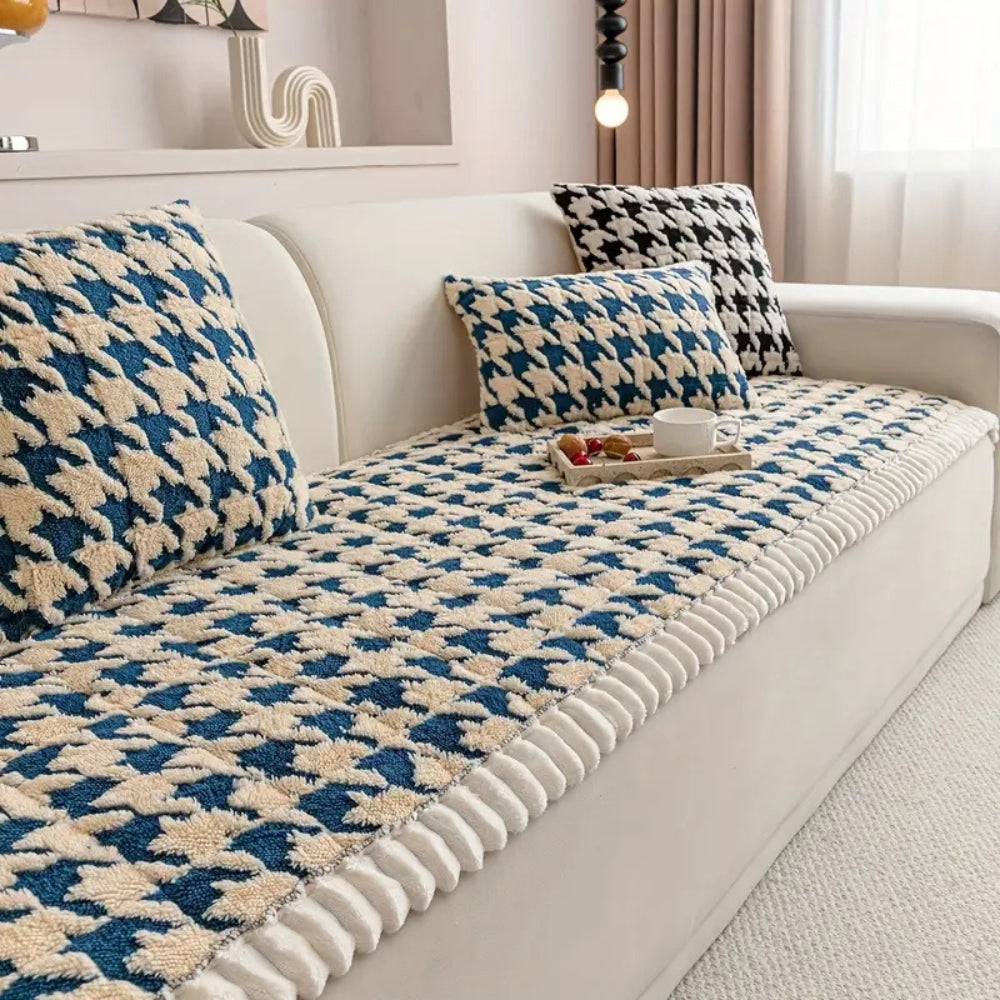 Cleo Sofa Cover - Plush Microfiber Houndstooth with Ruffle Trim 7