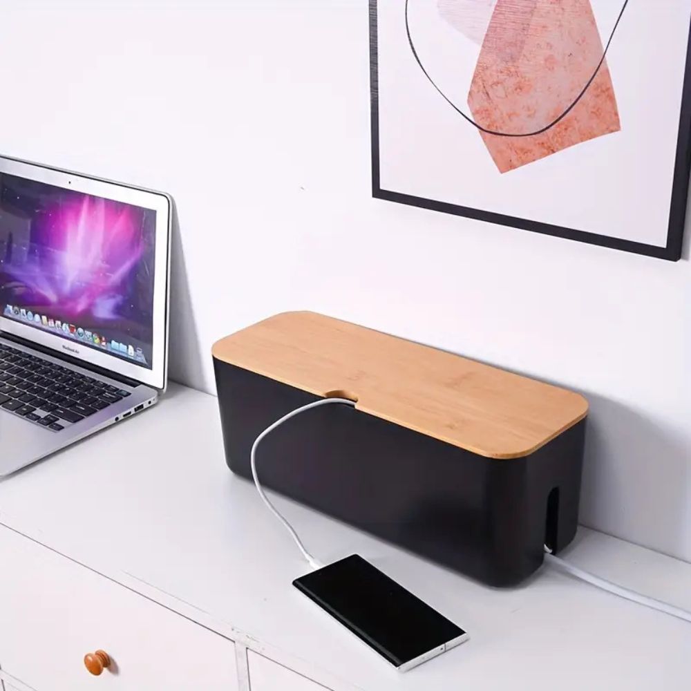 Clever Cable Organizer Box - Bamboo Lid, Ventilated Design for Desk Cable Management 0