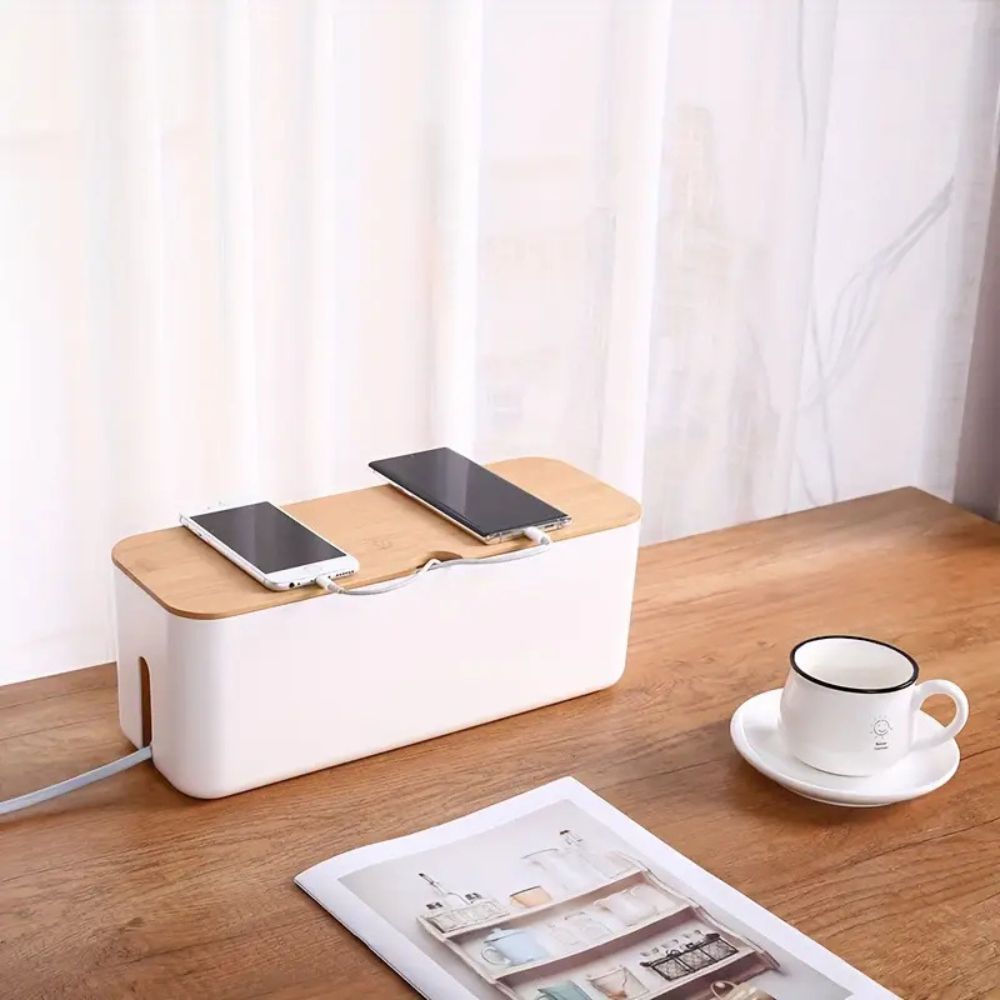 Clever Cable Organizer Box - Bamboo Lid, Ventilated Design for Desk Cable Management 1
