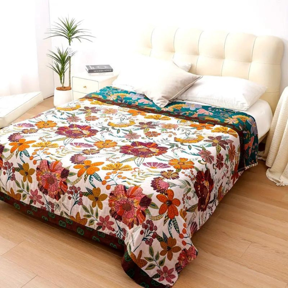 Cora Blanket Throw - 100% Cotton, Reversible Floral Design 0