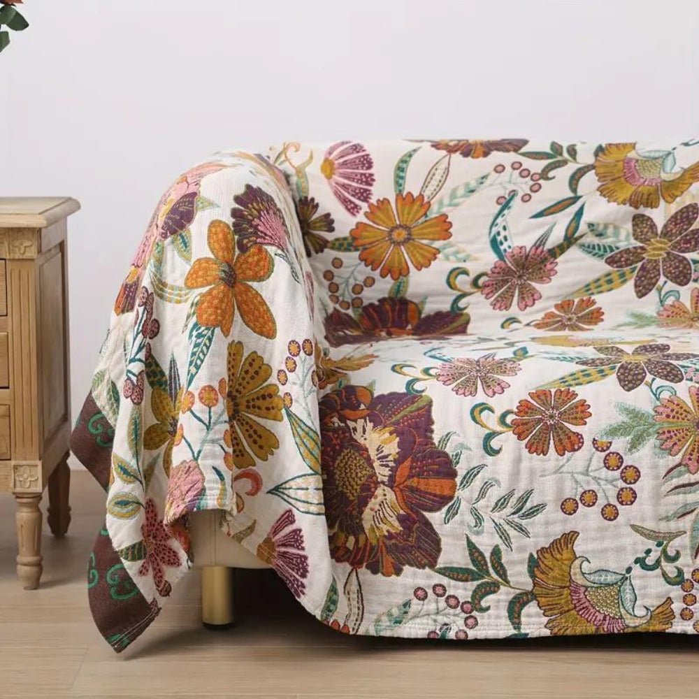 Cora Blanket Throw - 100% Cotton, Reversible Floral Design 2