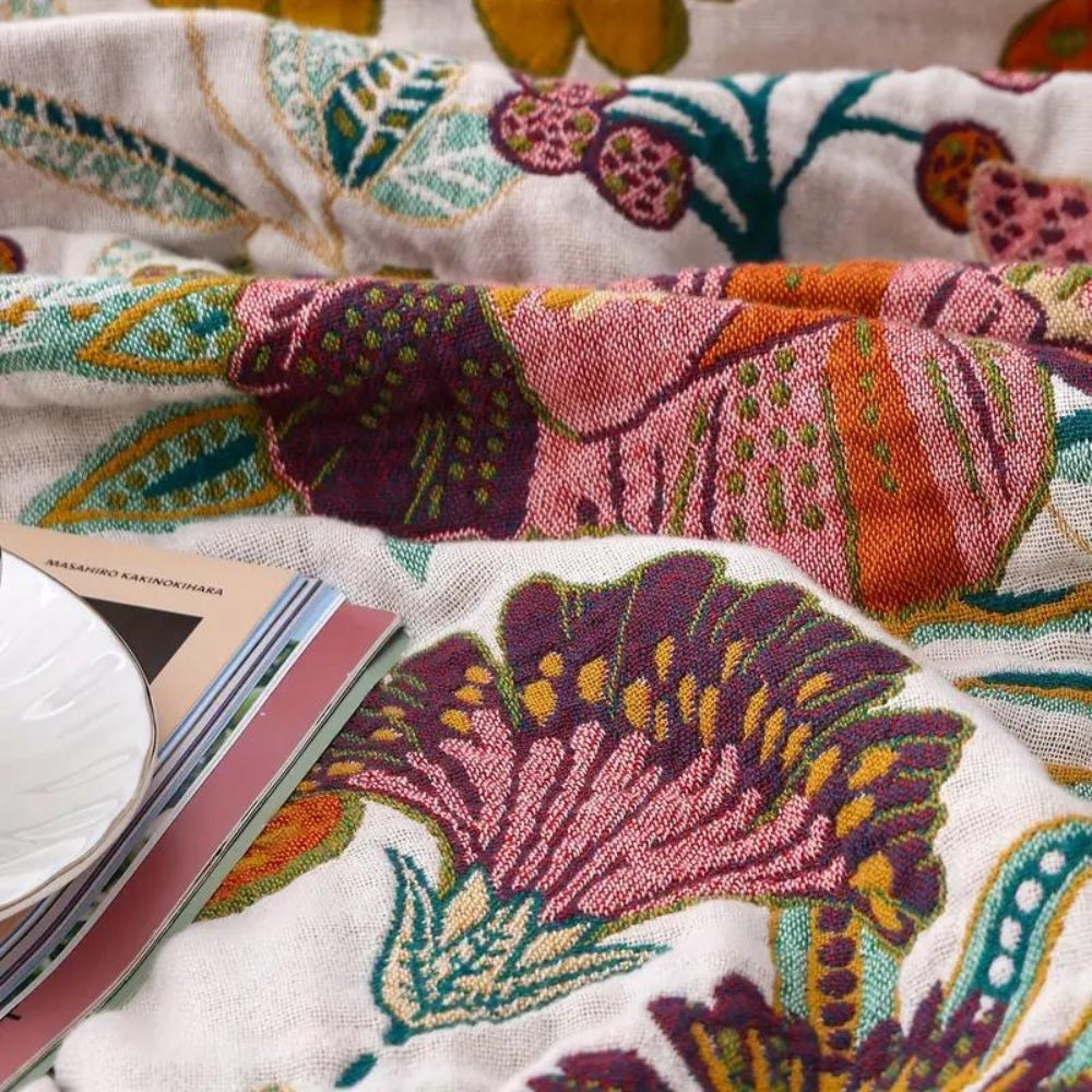 Cora Blanket Throw - 100% Cotton, Reversible Floral Design 3
