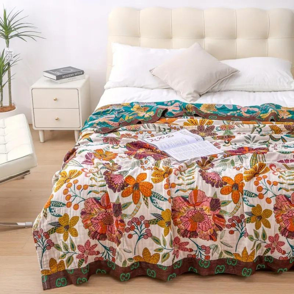 Cora Blanket Throw - 100% Cotton, Reversible Floral Design 5