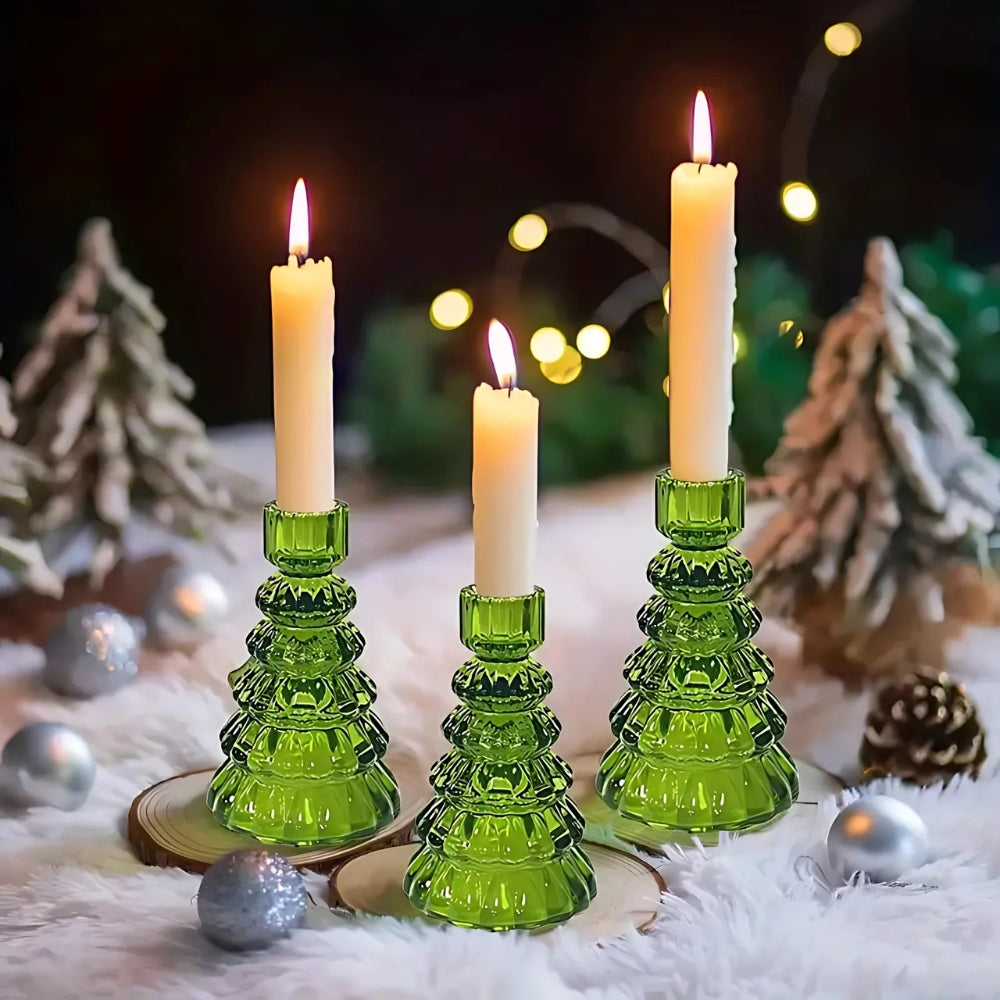 Crescent Christmas Tree Candle Holder Set - Glass, 3pcs 1