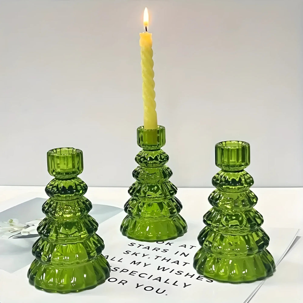 Crescent Christmas Tree Candle Holder Set - Glass, 3pcs 4