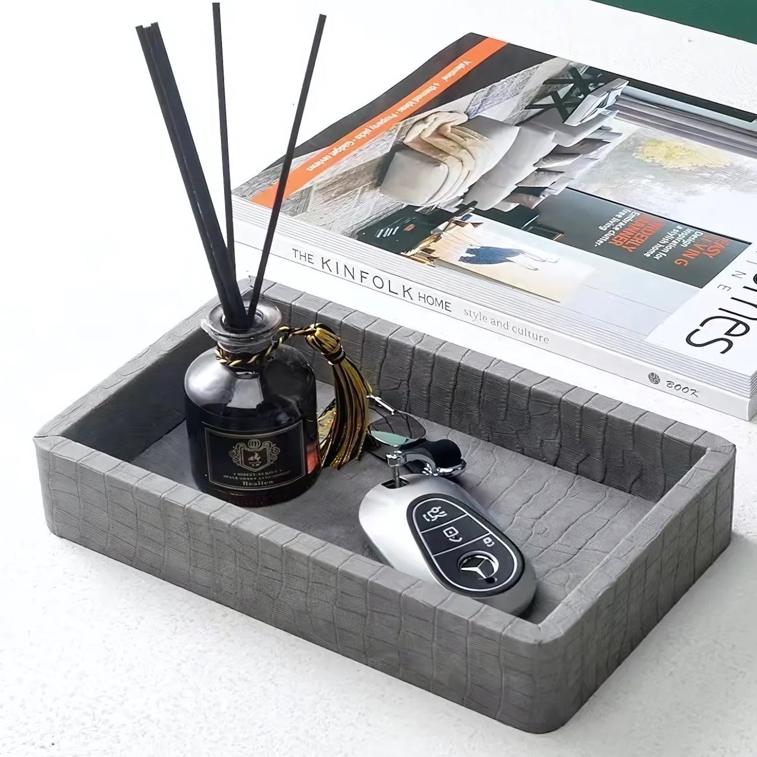 Creston Desk Organiser Tray - Croc-Textured Wood, Elegant Storage for Jewelry and Essentials 0