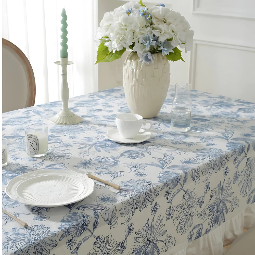 Delfina Lace Tablecloth - Blue Floral Cotton, Ruffled Edges 2