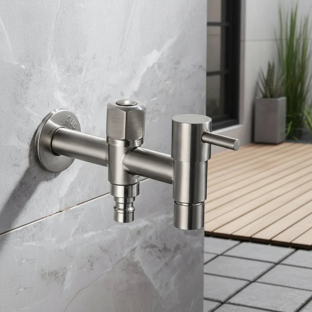 SteelFlow Pro – Dual Outlet Wall Faucet – Outdoor Stainless Steel Tap