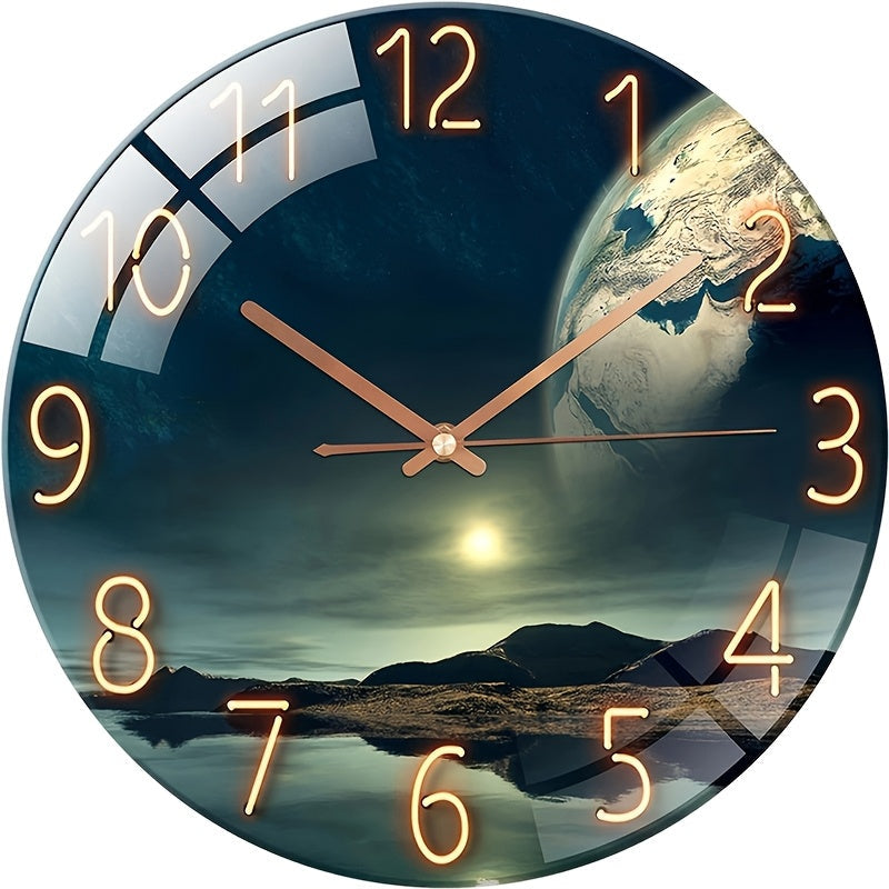Elios Modern Wall Clock - Tempered Glass, Earth Landscape Design 2