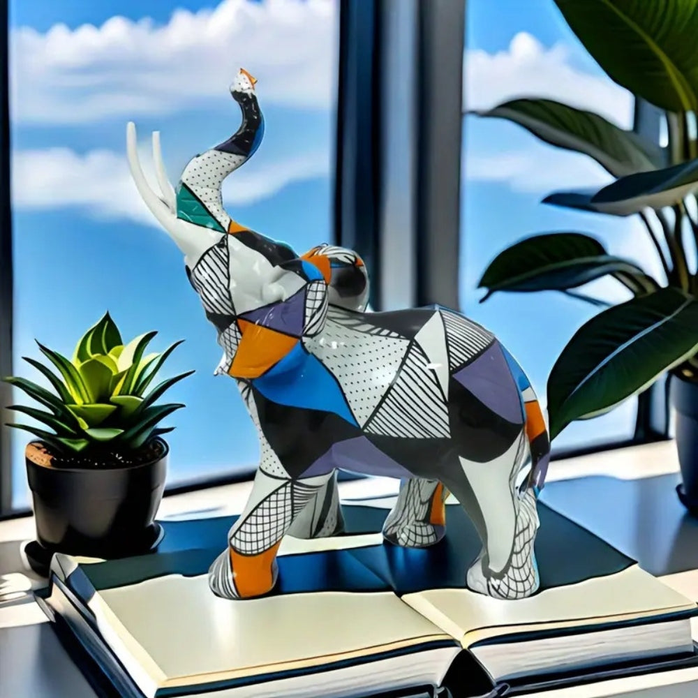 Elysia Elephant Figurine - Hand-Painted Resin, Geometric Design 4