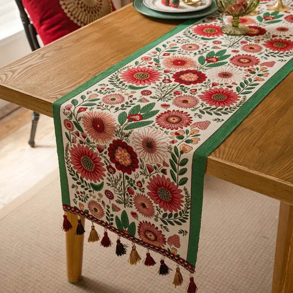 Elysia Table Runner - Embroidered Floral with Tassels 0