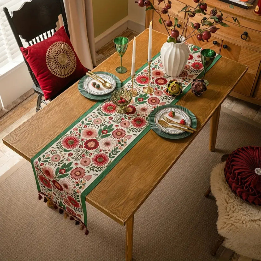Elysia Table Runner - Embroidered Floral with Tassels 1