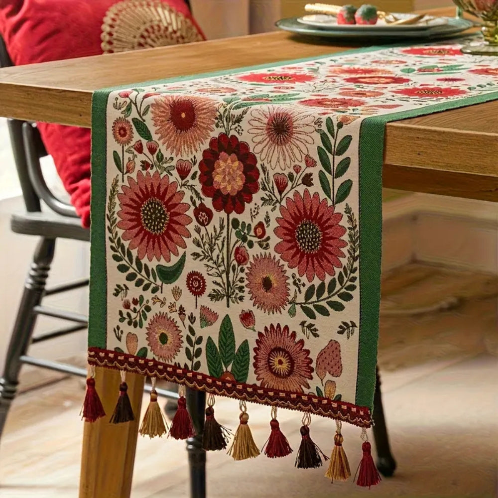 Elysia Table Runner - Embroidered Floral with Tassels 2